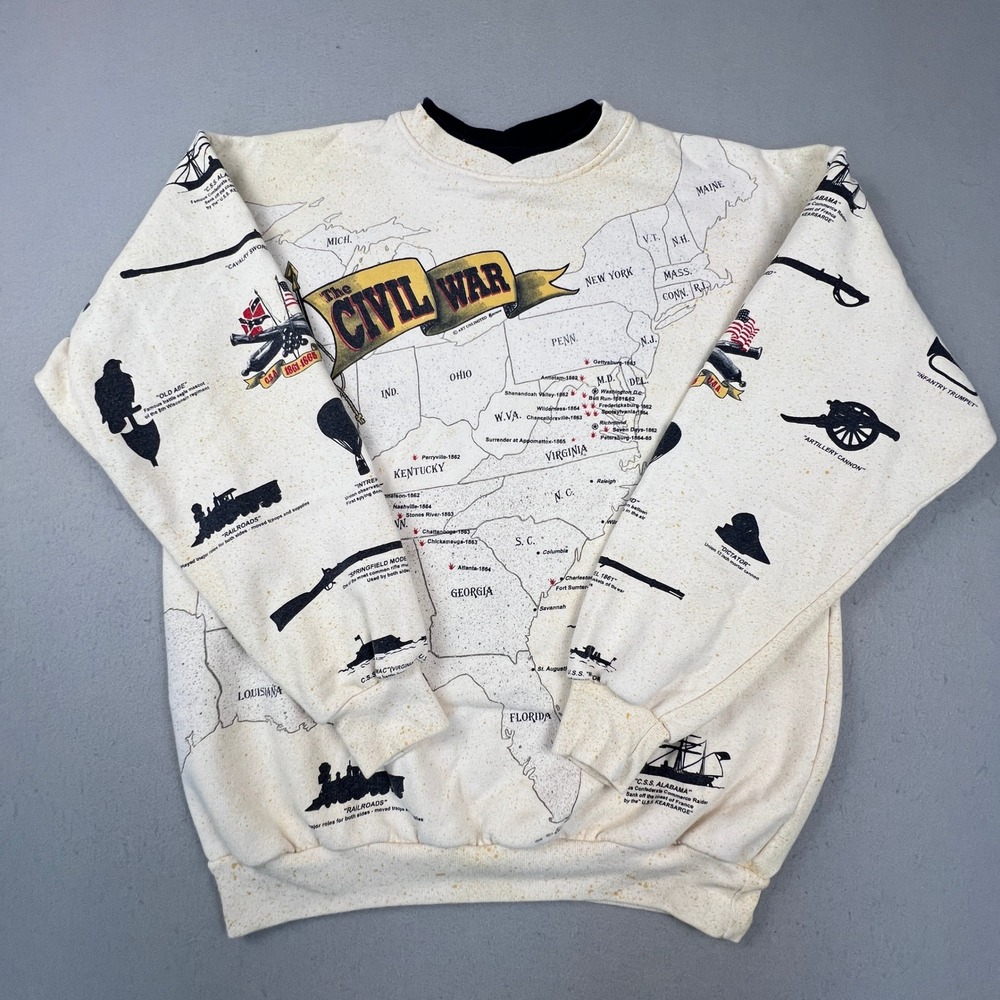 Art Unlimited Civil War Sweatshirt Mens Large Cream All Over Print Map Vintage